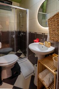 a bathroom with a shower and a toilet and a sink at Grape Apartment Studio in Rahovec