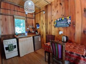 a kitchen with wooden walls and a stove top oven at Canto do Urutaú Cabaña en la selva in El Soberbio