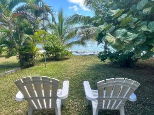 two white chairs sitting on the grass near the beach at Le spot in Fare