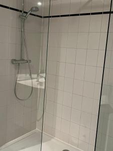 een douche met een glazen deur in een badkamer bij Sea Dream in Oostende