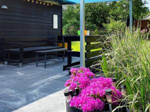 una olla de flores púrpuras sentada junto a un banco en 4 person holiday home in Gilleleje-By Traum, en Gilleleje