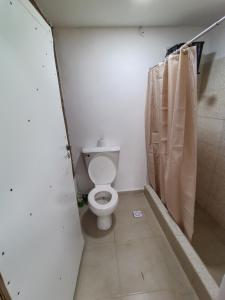 Un baño con inodoro y cortina de ducha. en patio Santiagueño, en La Banda