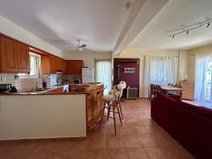 a kitchen with wooden cabinets and a counter top at Meer an Oliven in Agia Galini