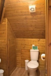 a bathroom with a toilet in a wooden wall at Glyndley Manor Cottages in Polegate