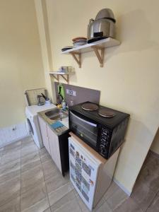 een keuken met een magnetron en een spoelbak bij Private stay place in Sofia