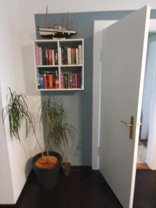 a room with two potted plants and a book shelf at Ferienhaus am Nordostseekanal in Offenbüttel +28 photos