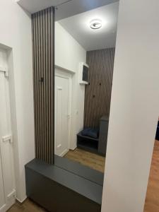 a hallway with a large mirror in a room at Riverside Apartment Szeged in Szeged