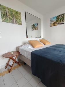 Ένα ή περισσότερα κρεβάτια σε δωμάτιο στο Studio vue mer piscine plage Kaz Punch Manganao chez Julie