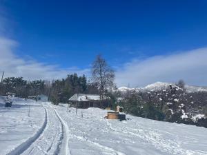a snow covered road with a house in the distance at Cabaña Recinto Valle Las Trancas in Recinto
