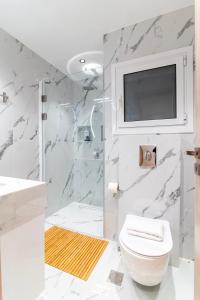 a bathroom with a toilet and a tv on the wall at Cozy 2-Bedroom by Flisvos Marina in Athens