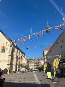 una calle con banderas y edificios en una ciudad en Sunny City-Mountain-Lake Getaway, en Villach
