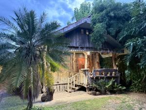a wooden house with a palm tree in front of it at สวนถัง คันทรี่โอม in Ban Chabian