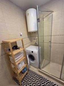 a bathroom with a washing machine and a shower at Adok Apartment in Budva