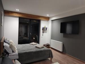 une chambre avec un lit et une télévision à écran plat dans l'établissement Evdo Apartments F4 modern room, à Kʼumlistsʼikhe 3 autres photos