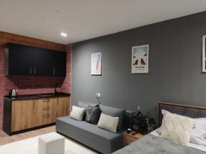 un salon avec un canapé et une télévision dans l'établissement Evdo Apartments F4 modern room, à Kʼumlistsʼikhe