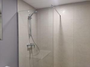 une douche avec une porte vitrée dans une salle de bain dans l'établissement Evdo Apartments F4 modern room, à Kʼumlistsʼikhe