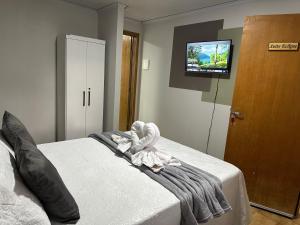 een slaapkamer met een bed en een tv aan de muur bij Hostel Lunar in Alto Paraíso de Goiás