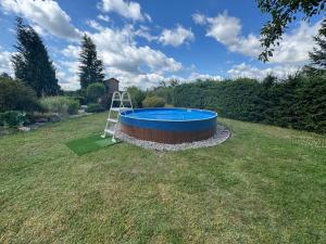 a pool in the middle of a yard with a ladder at Chaloupka pod Rabštejnem in Hluboká