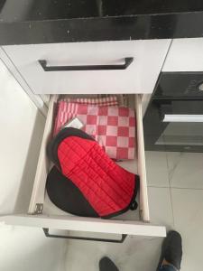 a drawer with a red pillow in a cabinet at Elegant Apartment for a Peaceful Stay in Tunis