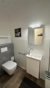 a bathroom with a toilet and a sink at zentrale 3 Zimmer 73 m2 Ferienwohnung mit Terrasse in Lübeck