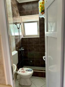 a small bathroom with a toilet and a window at Apartmani Vedrana Sutomore in Sutomore +1 photo