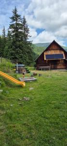 eine Holzscheune mit einer Rutsche im Gras in der Unterkunft Almhütte Prem 1 in Ramingstein