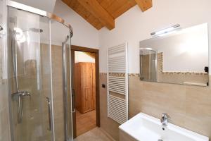 a bathroom with a shower and a sink and a mirror at Cabin in front of Grand Paradis and Arolla in Cogne +33 photos