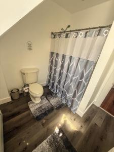 a bathroom with a toilet and a shower curtain at Stylish Stay By Beach And Shops in Beverly +16 photos