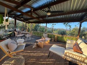 a covered deck with a table and chairs and a table and a dog at Custom Tiny House in Valle in Francisco Zarco