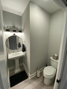 ein Badezimmer mit Toilette, Waschbecken und Spiegel in der Unterkunft Lake & Mountain Views every room in the house! in Dandridge + 17 Fotos