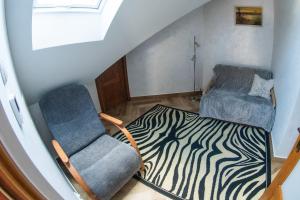 a living room with two chairs and a zebra rug at Dom w Chomranicach-domek grillowy in Chomranice