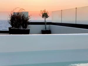 a room with two potted plants and the ocean at Biliaba in Rhodes Town