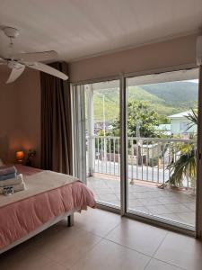 a bedroom with a bed and a sliding glass door at Grand Case Beachfront Apartment in Grand Case