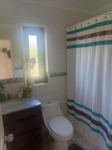 a bathroom with a toilet and a sink and a shower curtain at Parcela de agrado en Rocas de santo domingo in Santo Domingo