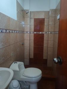 a bathroom with a toilet and a shower at Hospedaje Luciana in Pucallpa