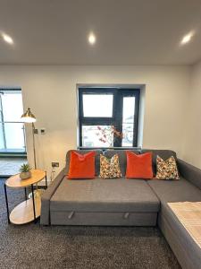 a couch with colorful pillows in a living room at Bright & Spacious Apartment with large balcony and free parking in Oxford