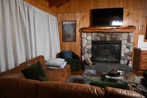 a living room with a couch and a fireplace with a television at Bear House in Big Bear City