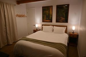 a bedroom with a bed with two lamps on two tables at Bear House in Big Bear City