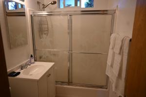 a bathroom with a shower and a sink at Bear House in Big Bear City +18 photos