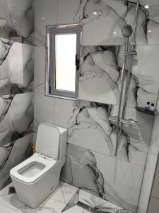 a bathroom with a toilet and a marble wall at La casa de Alex in Sarandë +8 photos