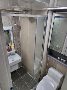 a bathroom with a shower and a toilet and a sink at Stay in Seoul