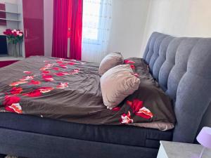 a bed with a blanket on top of a couch at Apartment in DanMa mit Gemeinschaftsküche in Laubach