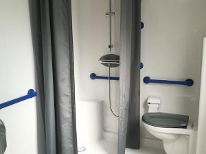 een badkamer met toilet en douche bij Mobil home 6 pers PMR avec terrasse à Chaillé-les-Marais - API-1-52-343 in Chaillé-les-Marais +27 foto's