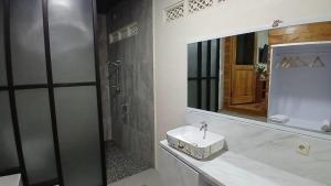 a bathroom with a sink and a mirror at Han's Villa in Sumbawa Besar