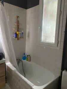 a white bath tub in a bathroom with a window at Appartement charmant à 5 minutes du métro in Les Lilas