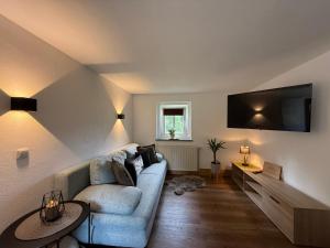 a living room with a couch and a flat screen tv at Naturhof Kluge in Saupsdorf