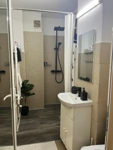 un baño con lavabo y ducha en Soft Apartments, en Galaţi