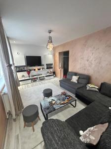een woonkamer met een bank en een tafel bij Adrian Ap 1 in Lupeni +4 foto's
