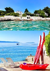 two pictures of a beach with a red boat and chairs at Luxury Seaside Villa with a classic Mediterranean Olive Garden, a fully equipped Professional Kitchen, Pool, Sauna, Padle Boards and Canoe - Miolin Beach House in Trogir