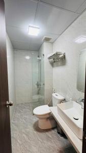 a bathroom with a toilet and a sink and a shower at Cát Bà Swiss Hotel in Cat Ba